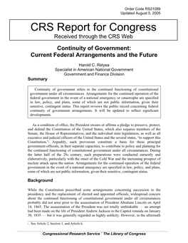 Continuity of Government: Current Federal Arrangements and the Future