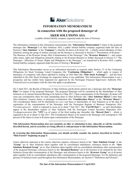 INFORMATION MEMORANDUM in Connection with the Proposed Demerger of AKER SOLUTIONS ASA (A Public Limited Liability Company Organised Under the Laws of Norway)