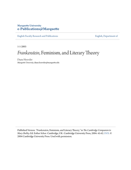 Frankenstein, Feminism, and Literary Theory Diane Hoeveler Marquette University, Diane.Hoeveler@Marquette.Edu