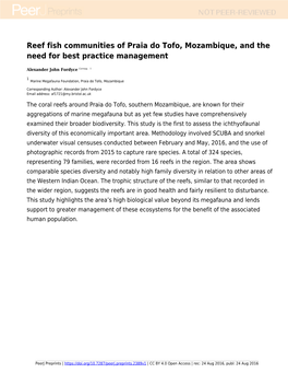 Reef Fish Communities of Praia Do Tofo, Mozambique, and the Need for Best Practice Management