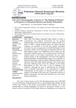 KK Aziz's Historiography: a Review on “The Making of Pakistan”