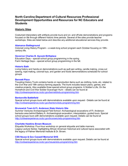 North Carolina Department of Cultural Resources Professional Development Opportunities and Resources for NC Educators and Students