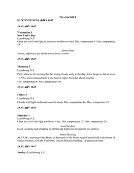 TRANSCRIPT HUNTINGTON DIARIES 1947 JANUARY 1947 Wednesday 1 New Year's Day Louisbourg N.S. Clear and Cold with Light to Moder