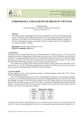 A Phonology and Lexicon of Khang in Vietnam