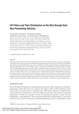 UV Filters and Their Distribution on the Skin Through Safe, Non-Penetrating Vehicles