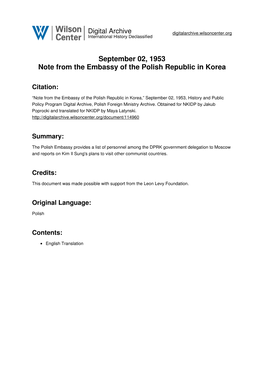 September 02, 1953 Note from the Embassy of the Polish Republic in Korea