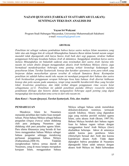 Nazam Qusyasyi (Tarekat Syattariyah Ulakan): Suntingan Teks Dan Analisis Isi