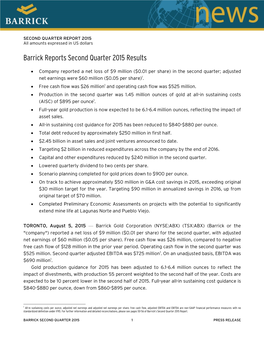 Barrick Reports Second Quarter 2015 Results