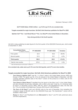 Targets Exceeded for Major Launches: Ubi Soft, Third American Publisher for Xbox  in 2002