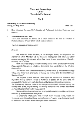 2 July 2010) Has Twice, in Contravention of the Applicable Parliamentary Procedure, Been Suspended by the Speaker Without the Consent of the House; And