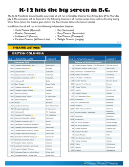 K-12 Cineplex Schedule June 29 to July 5