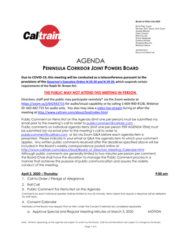 Agenda Peninsula Corridor Joint Powers Board