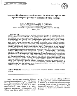 Interspecific Abundance and Seasonal Incidence of Aphids and Aphidophagous Predators Associated with Cabbage