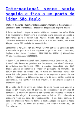 Internacional Vence Sexta Seguida E Fica a Um Ponto Do Líder São Paulo