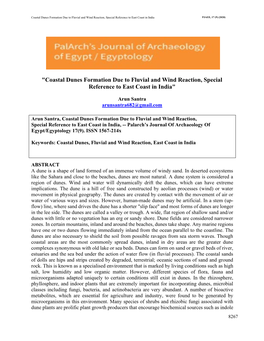 Coastal Dunes Formation Due to Fluvial and Wind Reaction, Special Reference to East Coast in India PJAEE, 17 (9) (2020)