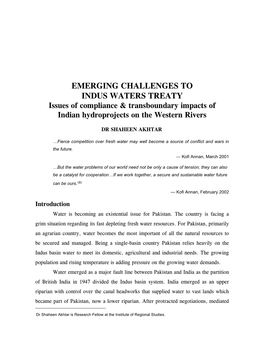 EMERGING CHALLENGES to INDUS WATERS TREATY Issues of Compliance & Transboundary Impacts of Indian Hydroprojects on the Western Rivers