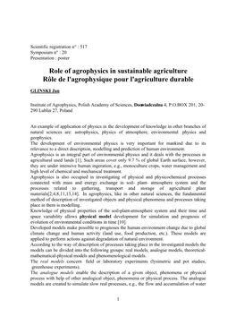 Role of Agrophysics in Sustainable Agriculture Rôle De L'agrophysique Pour L'agriculture Durable