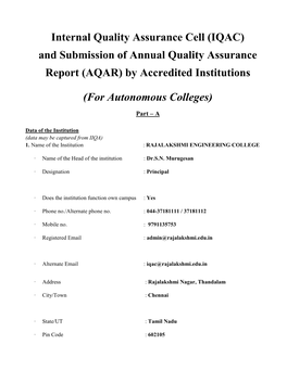 Internal Quality Assurance Cell (IQAC) and Submission of Annual Quality Assurance Report (AQAR) by Accredited Institutions