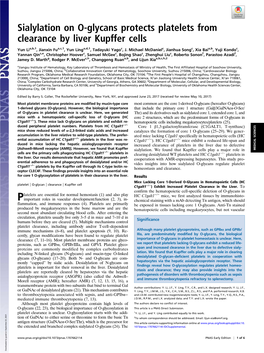 Sialylation on O-Glycans Protects Platelets from Clearance by Liver Kupffer Cells