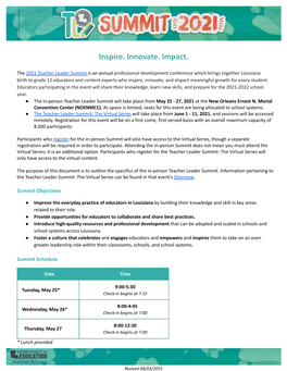 2021 Teacher Leader Summit Overview