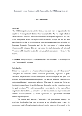 1 Community Versus Commonwealth: Reappraising the 1971 Immigration