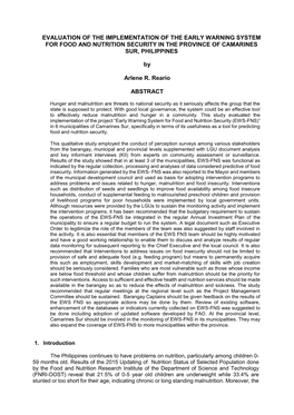 Evaluation of the Implementation of the Early Warning System for Food and Nutrition Security in the Province of Camarines Sur, Philippines