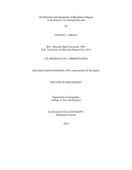 Resettlement and Adjustment of Bhutanese Refugees in the Kansas City Metropolitan Area