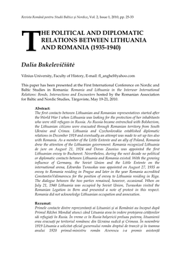 HE POLITICAL and DIPLOMATIC RELATIONS BETWEEN LITHUANIA and ROMANIA (1935-1940) Dalia Bukelevičiūtė