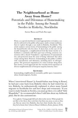 Potentials and Dilemmas of Homemaking in the Public Among the Somali Swedes in Rinkeby, Stockholm