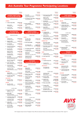 Avis Australia Tour Programme Participating Locations