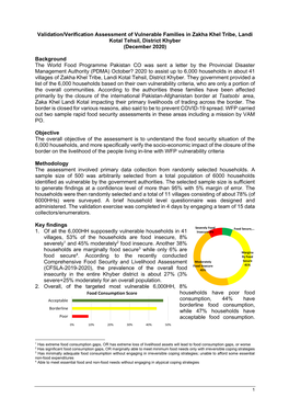 Validation/Verification Assessment of Vulnerable Families in Zakha Khel Tribe, Landi Kotal Tehsil, District Khyber (December 2020)