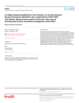 Le Milieu Musical Québécois Et Ses Réseaux. Le Cas Des Bourses Du Gouvernement Attribuées Aux Compositeurs (1919-1929) the Quebec Musical Scene and Its Networks