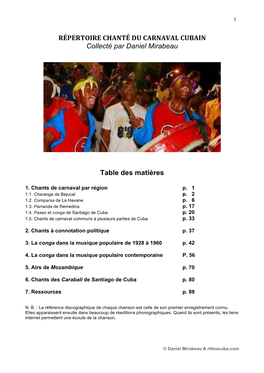 RÉPERTOIRE CHANTÉ DU CARNAVAL CUBAIN Collecté Par