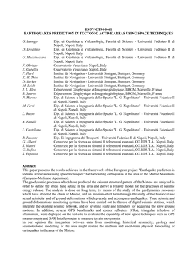 Ev5v-Ct94-0461 Earthquakes Prediction in Tectonic Active Areas Using Space Techniques