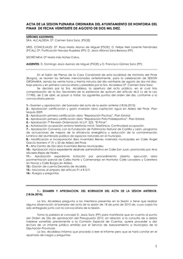 Acta De La Sesion Plenaria Ordinaria Del Ayuntamiento De Hontoria Del Pinar De Fecha Veintisiete De Agosto De Dos Mil Diez