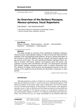 An Overview of the Barbary Macaque, Macaca Sylvanus, Vocal Repertoire