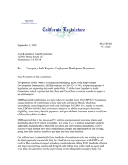 Letter to Legislative Audit Committee Requesting an Audit Of