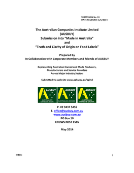 AUSBUY) Submission Into “Made in Australia” and “Truth and Clarity of Origin on Food Labels”