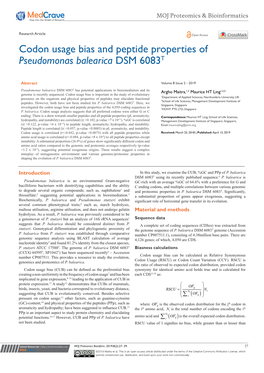 Codon Usage Bias and Peptide Properties of Pseudomonas Balearica DSM 6083T