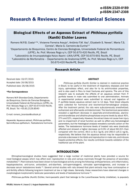 Biological Effects of an Aqueous Extract of Phthirusa Pyrifolia (Kunth) Eichler Leaves Romero M.P.B