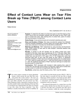 Effect of Contact Lens Wear on Tear Film Break up Time (TBUT) Among Contact Lens Users