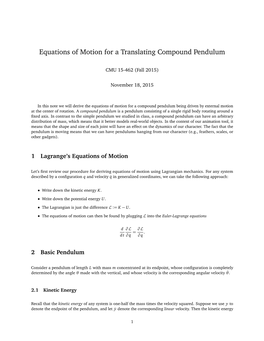 Equations of Motion for a Translating Compound Pendulum