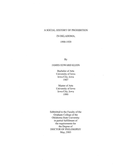 A Social History of Prohibition in Oklahoma, 1900-1920