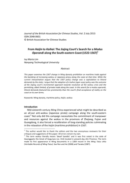 From Haijin to Kaihai : the Jiajing Court’S Search for a Modus Operandi Along the South-Eastern Coast (1522-1567) 1