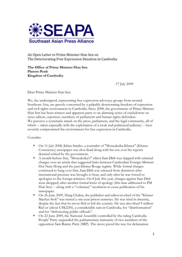 An Open Letter to Prime Minister Hun Sen on the Deteriorating Free Expression Situation in Cambodia