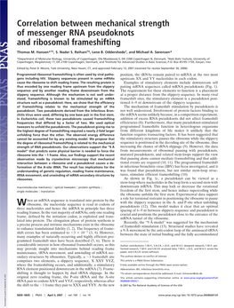 Correlation Between Mechanical Strength of Messenger RNA Pseudoknots and Ribosomal Frameshifting