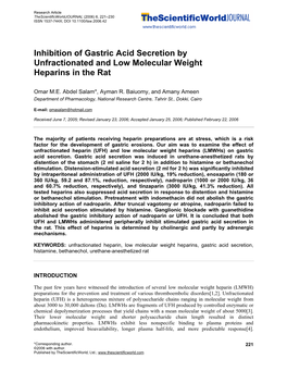 Inhibition of Gastric Acid Secretion by Unfractionated and Low Molecular Weight Heparins in the Rat