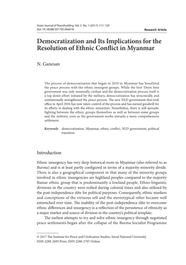 Democratization and Its Implications for the Resolution of Ethnic Conflict in Myanmar