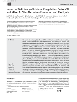 Impact of Deficiency of Intrinsic Coagulation Factors XI and XII On