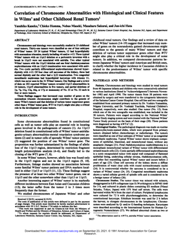 Correlation of Chromosome Abnormalities with Histolã³gica! and Clinical Features in Wilms' and Other Childhood Renal Tumors1